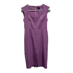Ann Taylor Sheath Dress Womens 00P Lilac Check Lined Square Neck Sleeveless Slit